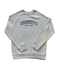 Load image into Gallery viewer, Front view of embroidered crewneck sweatshirt in Light Steel with Navy thread