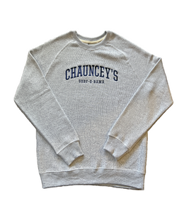 Front view of embroidered crewneck sweatshirt in Light Steel with Navy thread