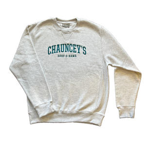 Front view of embroidered crewneck sweatshirt in Ash Gray with Teal thread