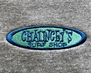 Detail view of embroidered crewneck sweatshirt in Carbon Gray