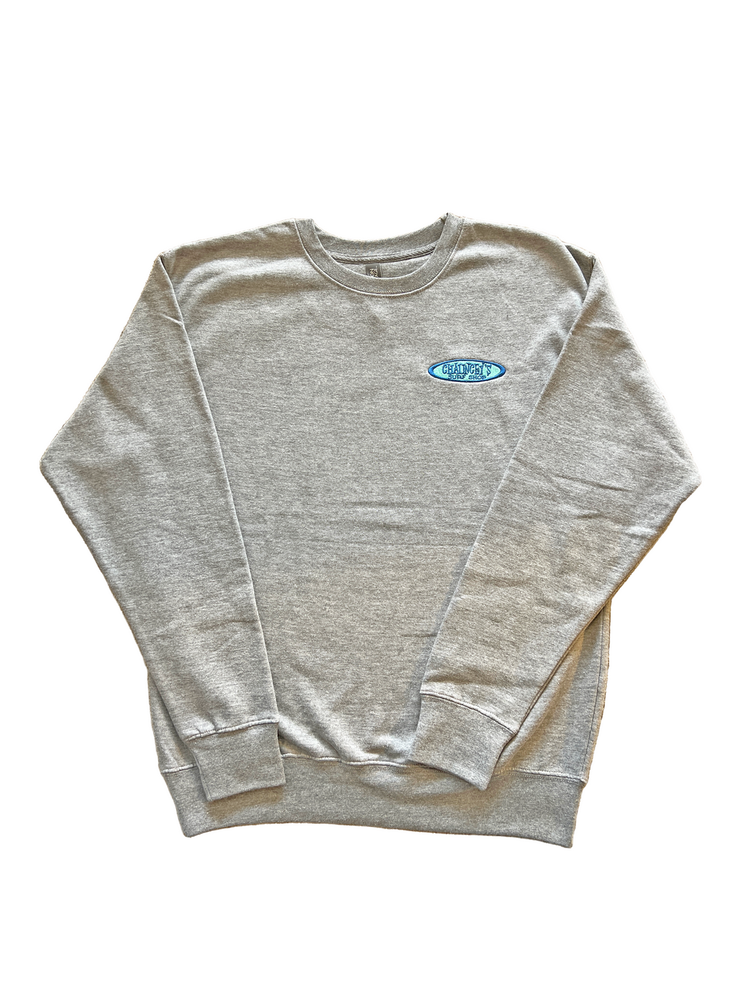 Front view of embroidered crewneck sweatshirt in Carbon Gray